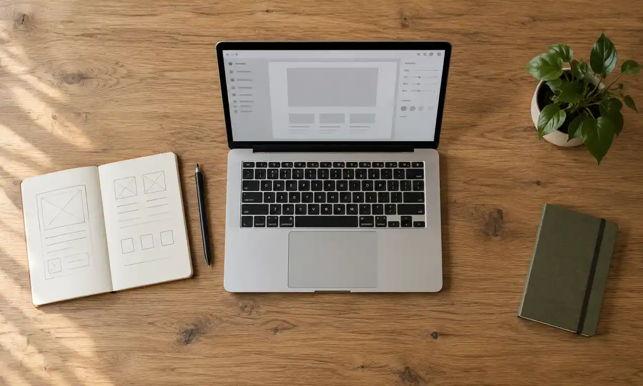 Un ordinateur portable et un carnet ouverts sur un bureau en bois vu de dessus.