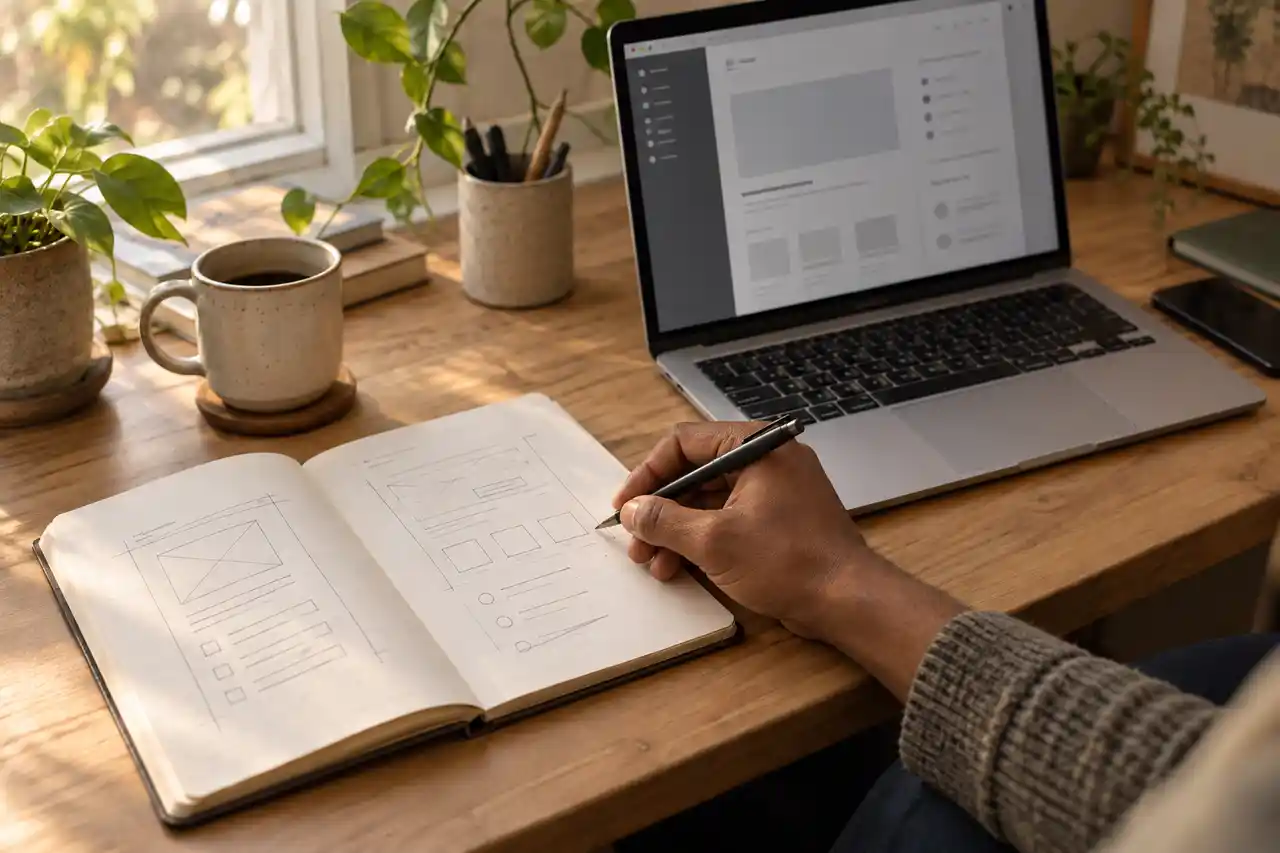 Une main prend des notes dans un carnet devant un ordinateur portable.