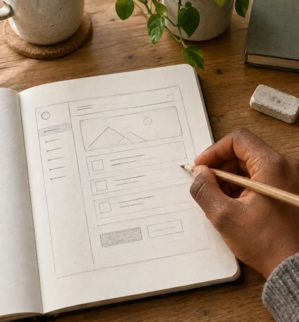 Une main dessine au crayon une esquisse d'interface dans un carnet.