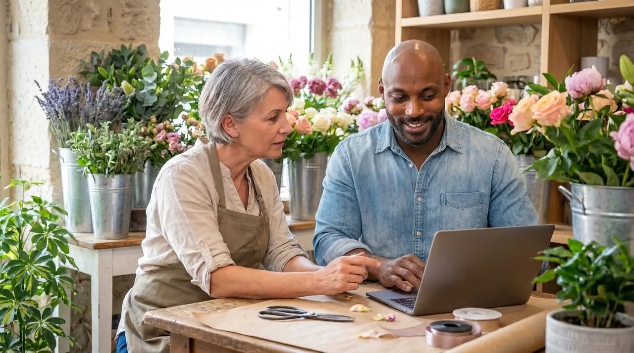 Une fleuriste et un homme échangent devant un ordinateur portable, entre les seaux de fleurs.