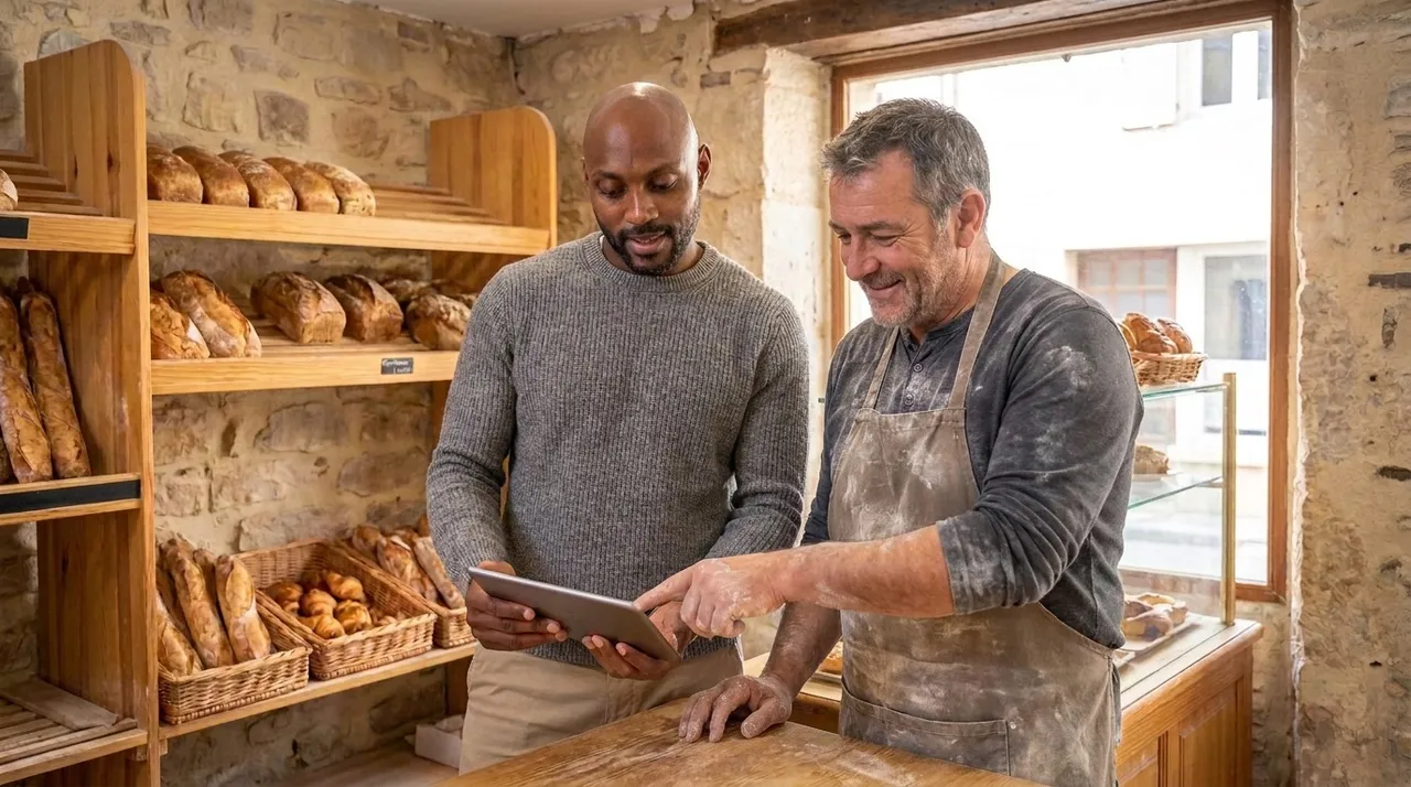 Un boulanger montre quelque chose sur une tablette à un homme, au comptoir de sa boulangerie.