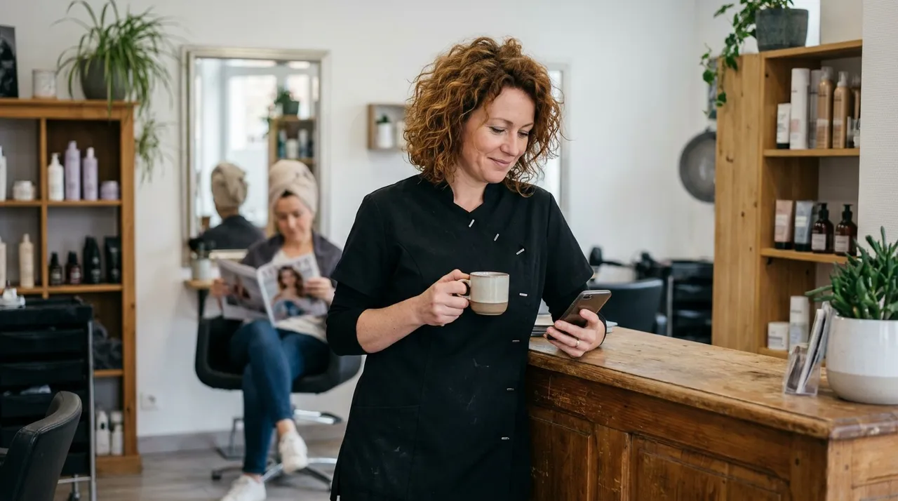 Une coiffeuse, une tasse de café à la main, consulte son téléphone dans son salon.