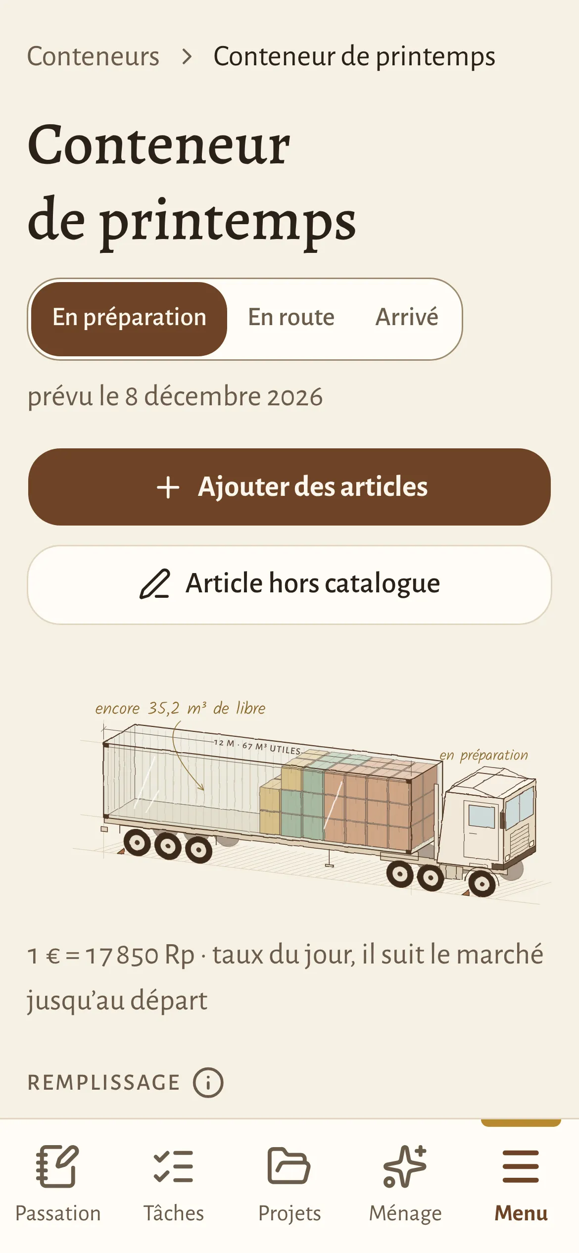 Écran du logiciel Ikatali sur téléphone : un conteneur en préparation, avec le dessin du camion à moitié rempli et le volume encore libre.